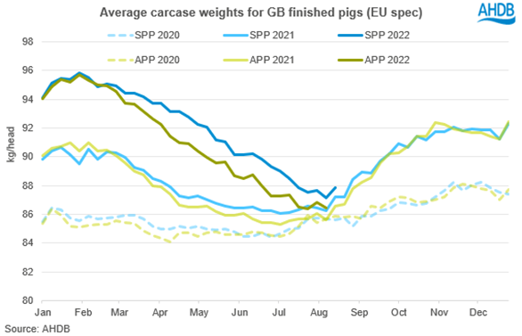 graph tracking the carcase weighs of GB pigs